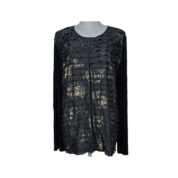 Chico's Sweaters - Chico's Travelers Cardigan Size XL 3 Shimmery Ruffles Black Gold Elegant Gala